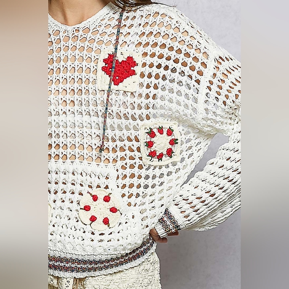 POL Crochet Strawberry Heart Granny Patch Cotton Kangaroo Pocket Hoodie - Picture 6 of 6